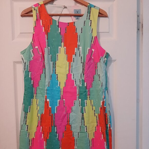 Cece Neon Geometric Pattern Sleeveless Woven Boho Dress Size 14 - Picture 2 of 10